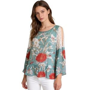 Kori Sheer Floral Teal Lace Blouse Size L NEW